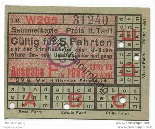 Berlin - BVG - Sammelkarte 1933 - Gültig für 5 Fahrten auf der Strassenbahn oder U-Bahn - Fahrkarte