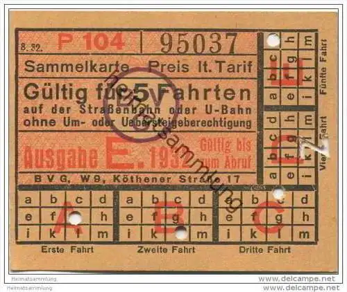 Berlin - BVG - Sammelkarte 1932 - Gültig für 5 Fahrten auf der Strassenbahn oder U-Bahn - Fahrkarte