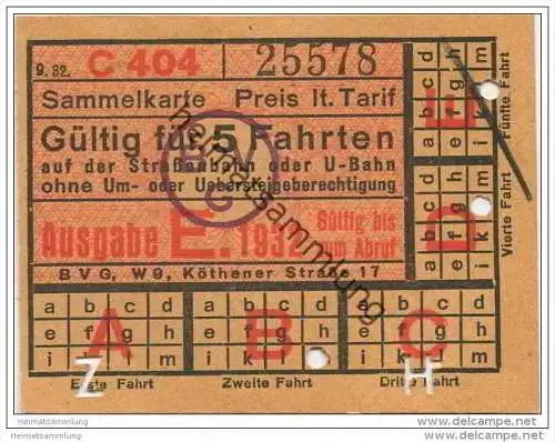 Berlin - BVG - Sammelkarte 1932 - Gültig für 5 Fahrten auf der Strassenbahn oder U-Bahn - Fahrkarte