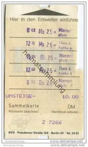 Umsteige-Sammelkarte DM 10,00 - BVG Berlin Potsdamerstrasse 188 - 1986