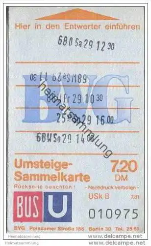 Umsteige-Sammelkarte DM 7,20 - Bus U-Bahn - 5 Fahrten - BVG Berlin Potsdamerstrasse 188 - 1981