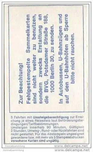 Umsteige-Sammelkarte DM 7,20 - Bus U-Bahn - 5 Fahrten - BVG Berlin Potsdamerstrasse 188 - 1981