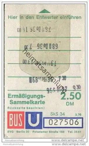 Umsteige-Ermäßigungs-Sammelkarte DM 2,50 - Bus U-Bahn - 5 Fahrten - BVG Berlin Potsdamerstrasse 188 - 1976