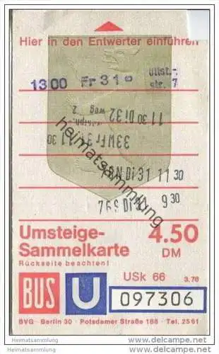 Umsteige-Sammelkarte DM 4,50 - Bus U-Bahn - 5 Fahrten - BVG Berlin Potsdamerstrasse 188 - 1976