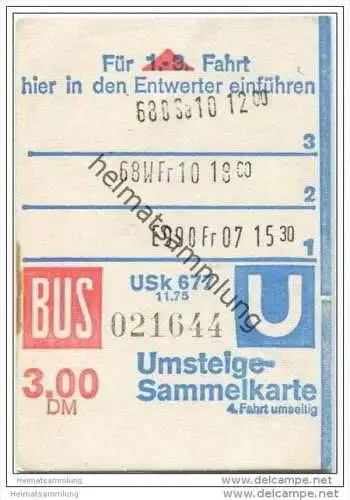 Umsteige-Sammelkarte DM 3,00 - Bus U-Bahn - 4 Fahrten - BVG Berlin Potsdamerstrasse 188 - 1975