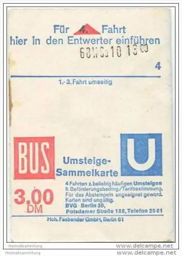 Umsteige-Sammelkarte DM 3,00 - Bus U-Bahn - 4 Fahrten - BVG Berlin Potsdamerstrasse 188 - 1975
