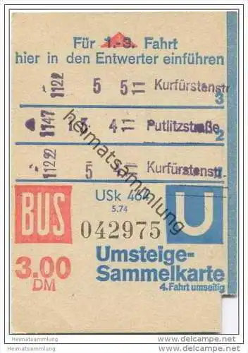 Umsteige-Sammelkarte DM 3,00 - Bus U-Bahn - 4 Fahrten - BVG Berlin Potsdamerstrasse 188 - 1974