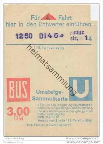 Umsteige-Sammelkarte DM 3,00 - Bus U-Bahn - 4 Fahrten - BVG Berlin Potsdamerstrasse 188 - 1974