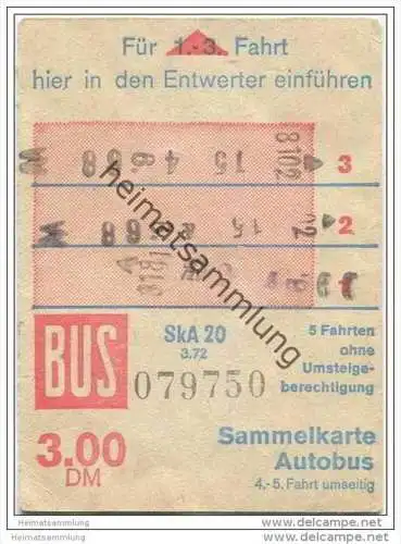 Sammelkarte DM 3,00 - Autobus - 5 Fahrten ohne Umsteigeberechtigung - BVG Berlin Potsdamerstrasse 188 - 1972
