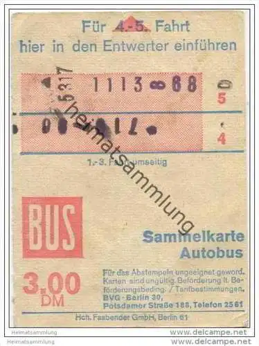 Sammelkarte DM 3,00 - Autobus - 5 Fahrten ohne Umsteigeberechtigung - BVG Berlin Potsdamerstrasse 188 - 1972