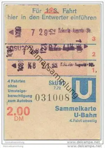 Sammelkarte DM 2,00 - U-Bahn - 4 Fahrten ohne Umsteigeberechtigung zum Autobus - BVG Berlin Potsdamerstrasse 188 - 1972