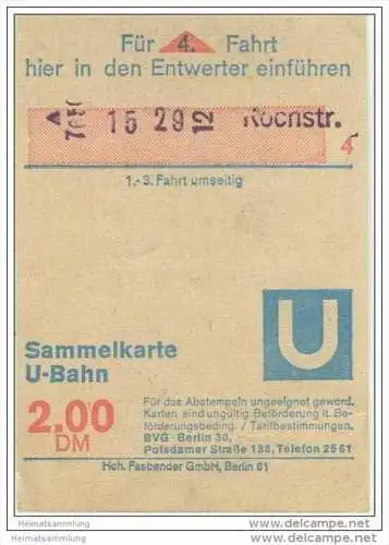 Sammelkarte DM 2,00 - U-Bahn - 4 Fahrten ohne Umsteigeberechtigung zum Autobus - BVG Berlin Potsdamerstrasse 188 - 1972