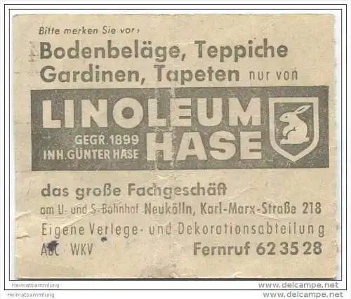 Sammelkarte - Autobus / Obus - 4 Fahrten ohne Umsteigeberechtigung - BVG Berlin Potsdamerstrasse 188 - 1962