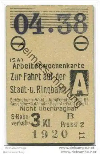 Berlin S-Bahn - Arbeiterwochenkarte 04. 1938 - Stadt- und Ringbahn - 3. Klasse