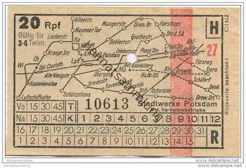 Fahrkarte - Fahrschein - Stadtwerke Potsdam Abt. Verkehrsbetriebe - Gültig für 3-4 Teilstrecken 20 Rpf.