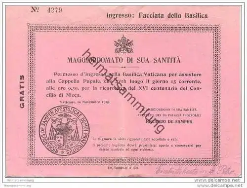 Maggiordomato di sua santita - Basilica Vaticana - Eintrittskarte 1925