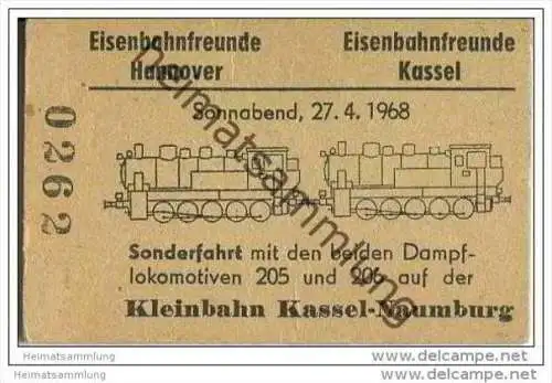 Eisenbahnfreude Kassel - Eisenbahnfreude Hannover - Sonderfahrt - Kleinbahn Kassel-Naumburg - Fahrkarte 1968