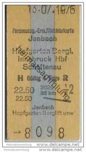 Personenzug-Ermässigungs-Rückfahrkarte - Jenbach Hopfgarten Bergl. Innsbruck Schaftenau - Fahrkarte 1976