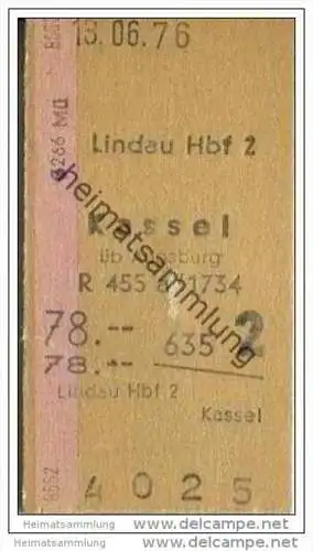 Lindau Hbf - Kassel über Augsburg - Fahrkarte 1976