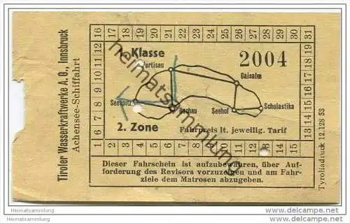 Tiroler Wasserkraftwerke AG Innsbruck - Achensee-Schiffahrt 1. Klasse - Fahrschein