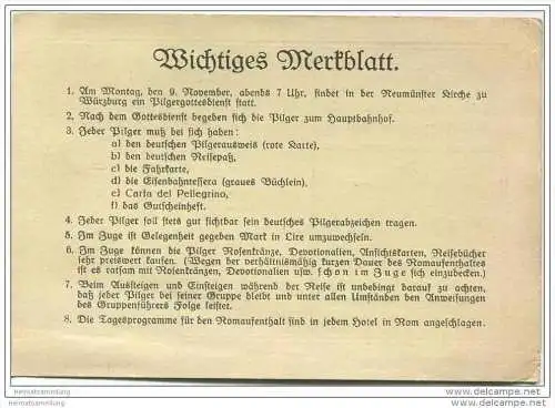 Platzkarte - Rompilgerfahrt 9. - 19. November 1925 mit Fahrplan ab Würzburg