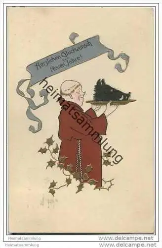 Neujahr - Mönch mit Wildschweinkopf auf einem Tablett - Prägedruck