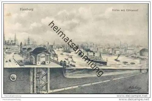 Hamburg - Hafen mit Elbtunnel - Künstlerkarte signiert H. Urban
