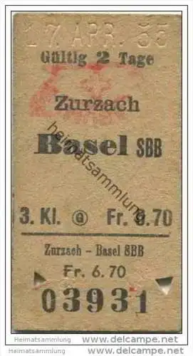 Schweiz - Zurzach - Basel SBB - Fahrkarte 3. Klasse 1955 - Stempel: MUBA