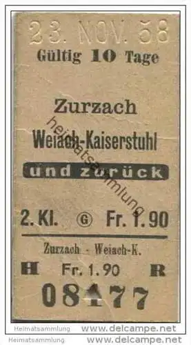 Schweiz - Zurzach - Weiach-Kaiserstuhl - Fahrkarte 2. Klasse 1958