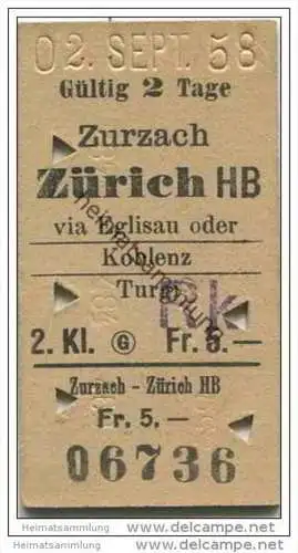 Schweiz - Zurzach - Zürich HB via Eglisau oder Koblenz Turgi - rückseitig Stempel: Saffa 1958 (Schweizerische Ausstellun