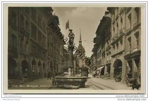 Bern - Marktgasse - Schützenbrunnen und Käfigturm - Foto-AK - Strassenbahn
