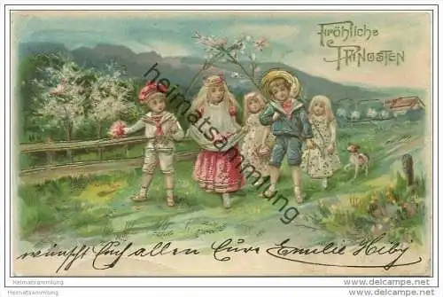 Fröhliche Pfingsten - Kinder auf der Wiese mit Blumen und Blüten - Prägedruck