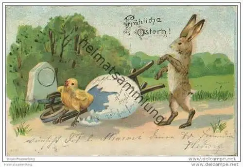 Fröhliche Ostern - Osterhase Küken Schubkarre