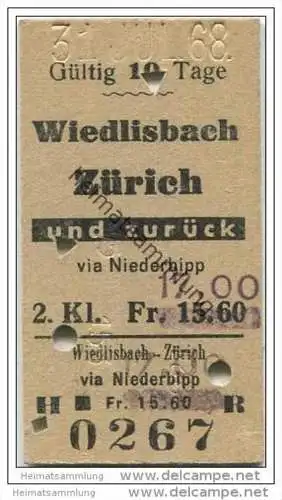 Schweiz - SBB - Wiedlisbach - Zürich und zurück via Niederbipp - Fahrkarte 1968 - mit Preisanpassung durch überstempeln