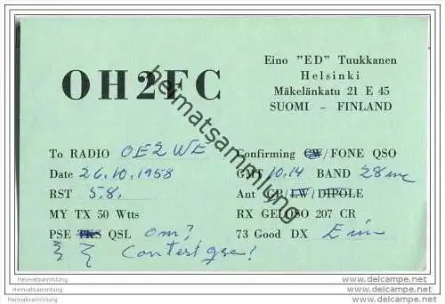 QSL - QTH - Funkkarte - OH2FC - Finnland - Suomi - Helsinki - 1958