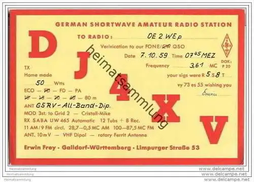 QSL - QTH - Funkkarte - DJ4XV - Gaildorf - 1959