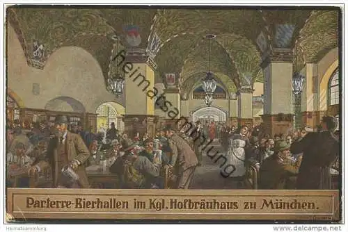 München - Parterre-Bierhallen im Hofbräuhaus - Künstlerkarte Fritz Quidenus - Verlag Johann Panzer München gel. 1929