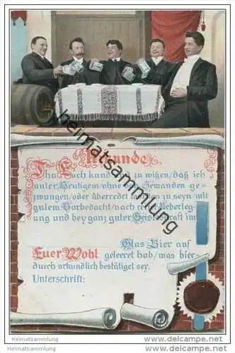 Urkunde - Glas Bier auf Euer Wohl geleeret hat ... ca. 1910