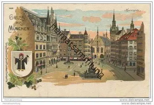 Gruss aus München - Marienplatz - Farblithographie ca. 1900