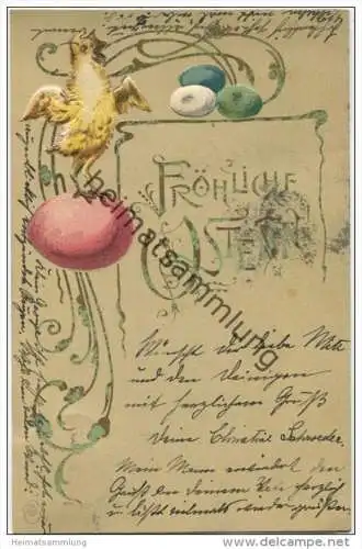 Fröhliche Ostern - Eiern - Küken - Prägedruckkarte gel. 1905