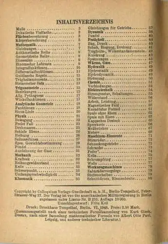 Formeln für Technik und Wissenschaft 1948 - Verlag Colloquium - 80 Seiten