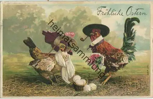 Fröhliche Ostern - Hühner als Brautpaar - Prägedruck