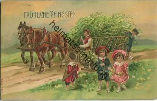 Fröhliche Pfingsten - Pferde und Wagen - Kinder - Prägedruck