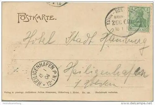 Fehmarn - Katharinenhofer Strand - Verlag Julius Simonsen Oldenburg - Bahnpost - Eutin-Heiligenhafen Zug C91 gel. 1904