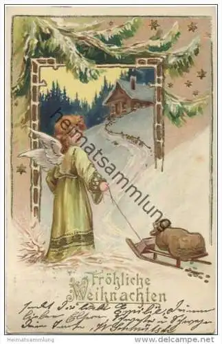 Weihnachten - Engel - Schlitten - Goldprägedruck gel. 1904