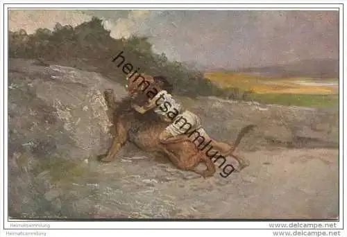 Die Heilige Schrift - Simson tötet einen Löwen - Samson kills a lion - Künstlerkarte R. Leinweber ca. 1910