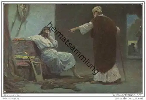 Die Heilige Schrift - David und Nathan - Nathan rebuking David - Künstlerkarte R. Leinweber ca. 1910