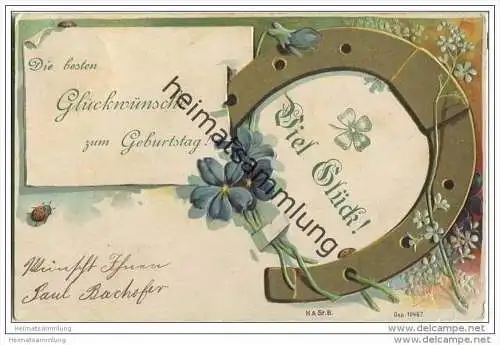 Geburtstag - Hufeisen - Marienkäfer - Veilchen - Prägedruck
