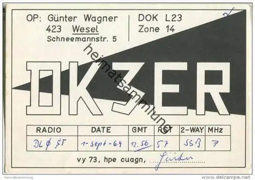 QSL - QTH - Funkkarte - DK3ER - Wesel - 1969