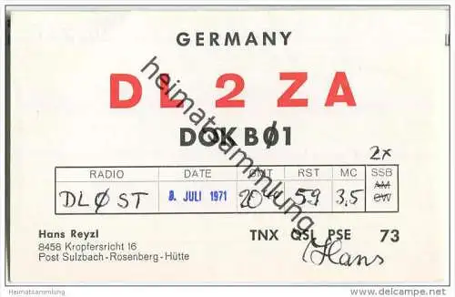 QSL - QTH - Funkkarte - DL2ZA - Kropfersricht - Sulzbach-Rosenberg - 1971